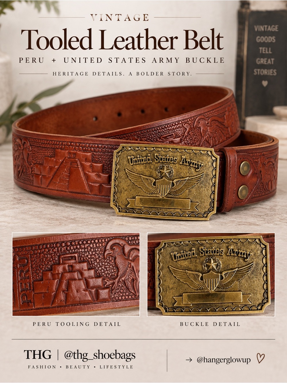 Vintage Peruvian Tooled Leather Belt U.S. Army Eagle Buckle